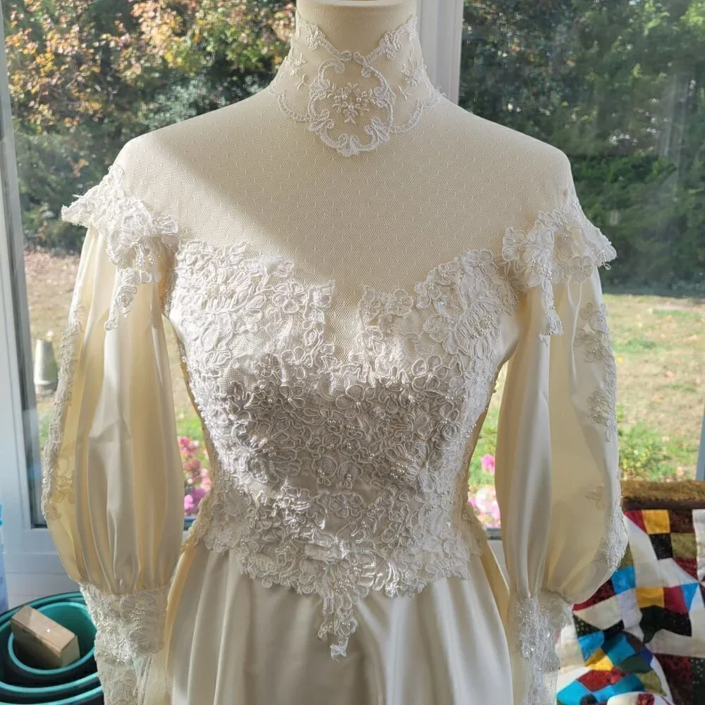 Fantastic Vintage Lace, Satin, Buttons, and puffy sleeves - Picture 6 of 16